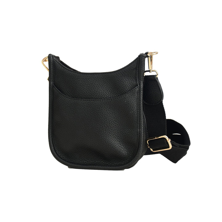 Black leather handbag with gold hardware on a white background