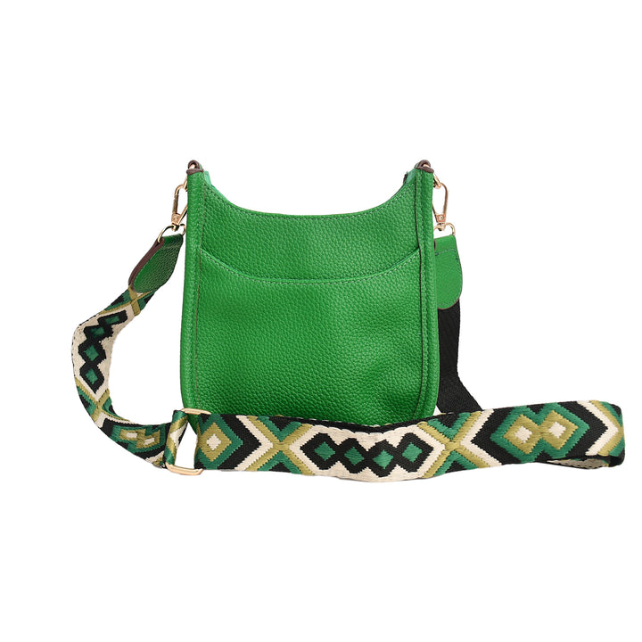 Green handbag with a patterned strap on a white background