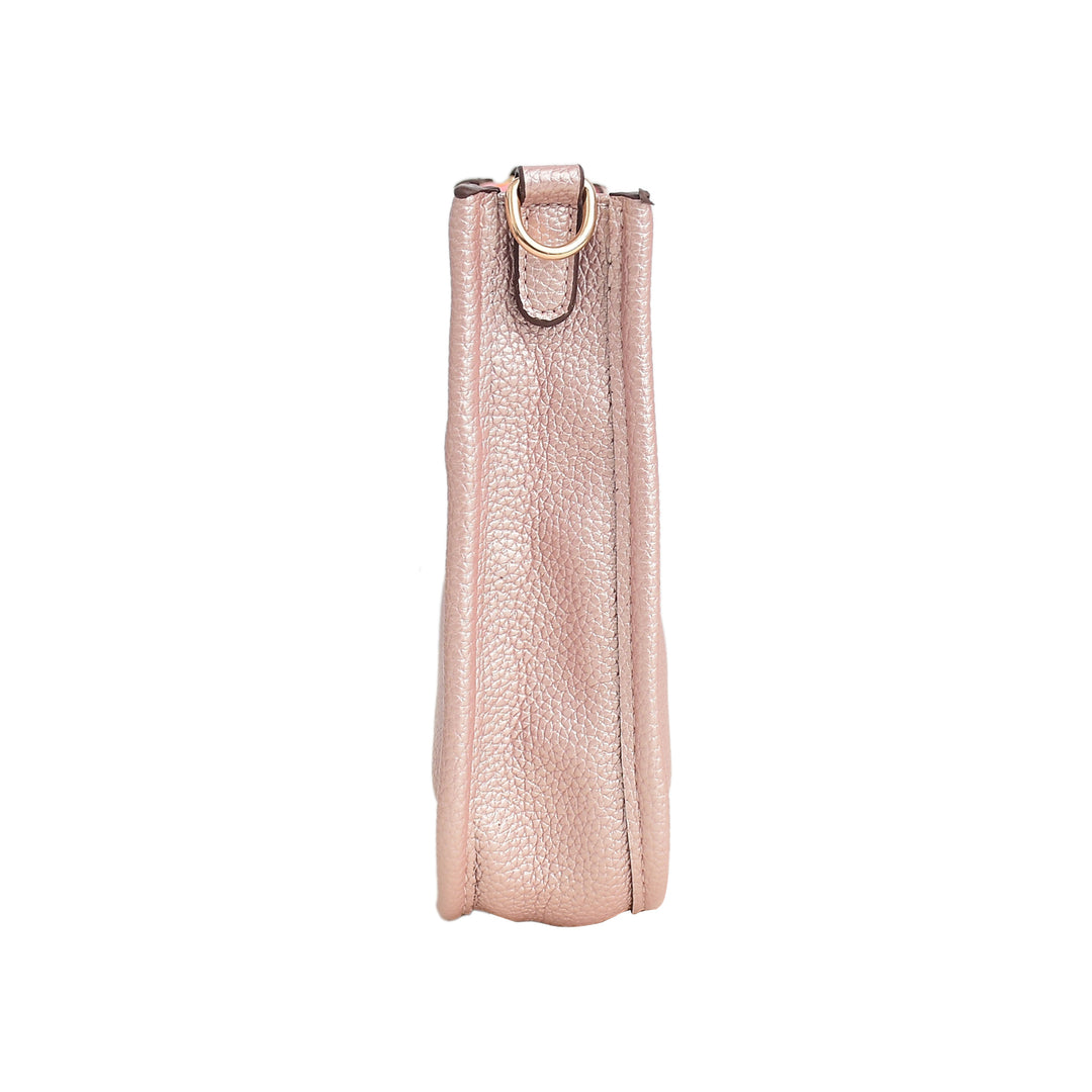 Rose gold handbag with a gold clasp on a white background