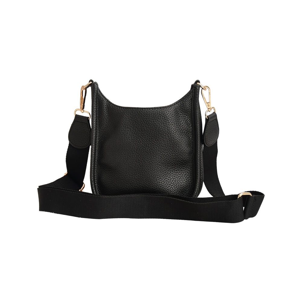 Black handbag with a strap on a white background