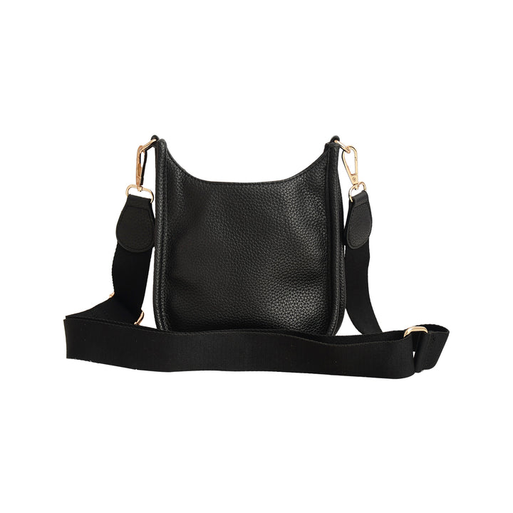 Black handbag with a strap on a white background