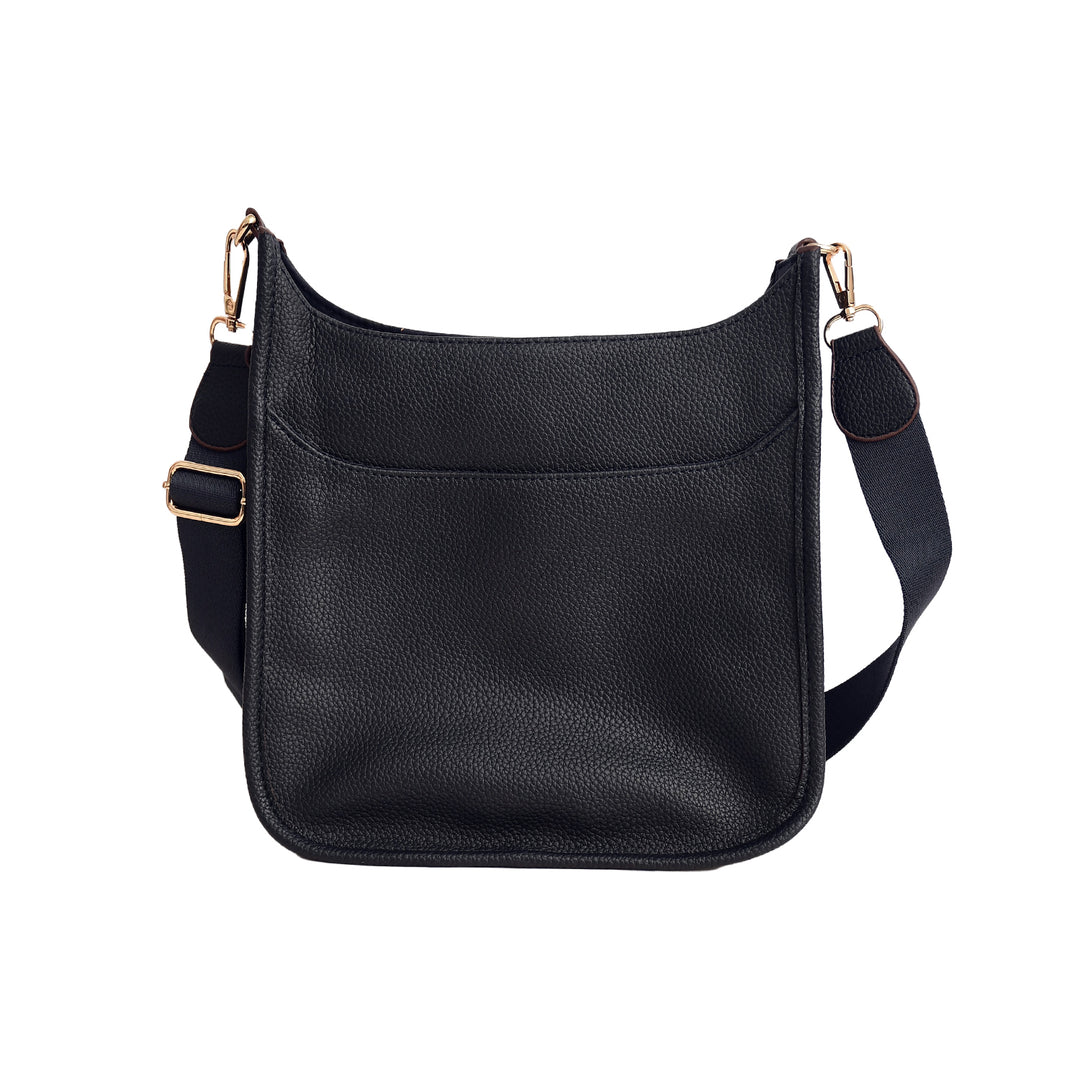 Black leather crossbody bag on a white background