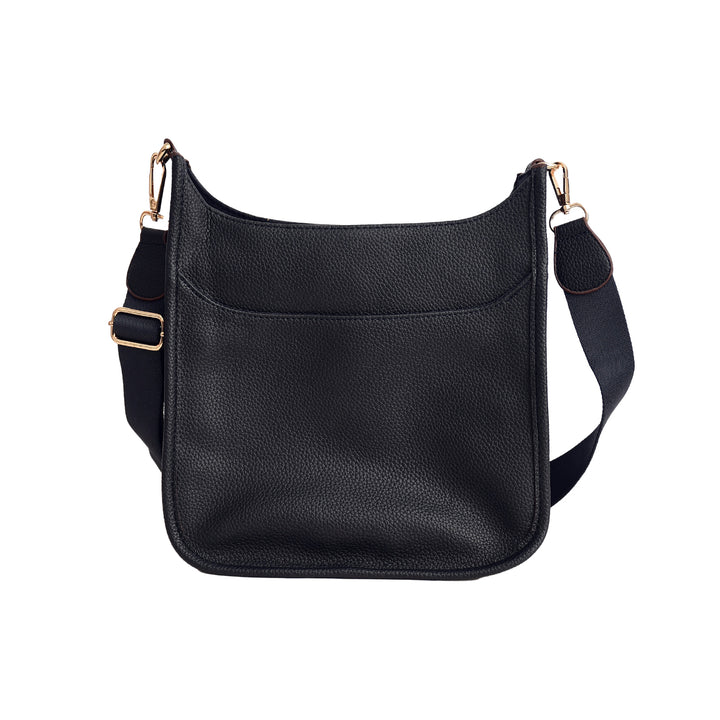 Black leather crossbody bag on a white background