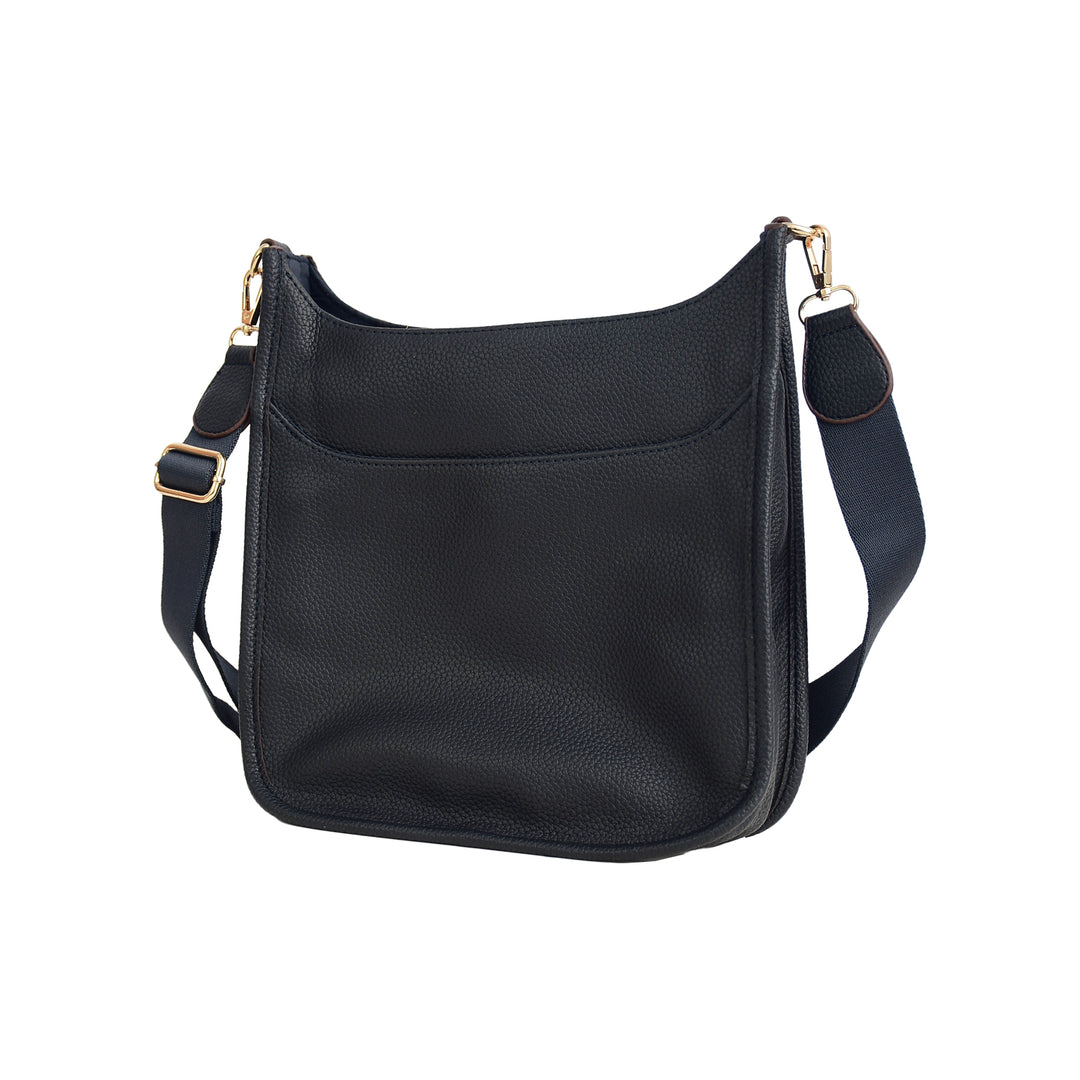 Black shoulder bag with gold hardware on a white background