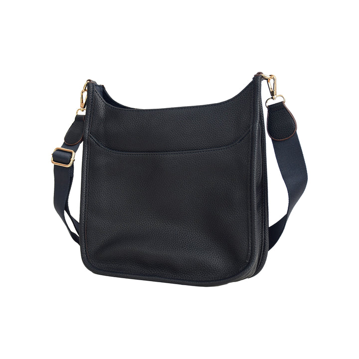 Black shoulder bag with gold hardware on a white background