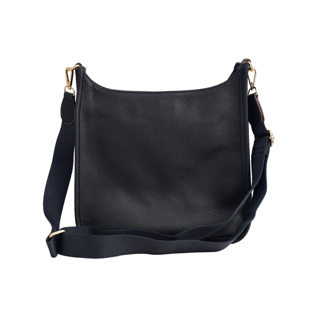 Black leather shoulder bag on a white background