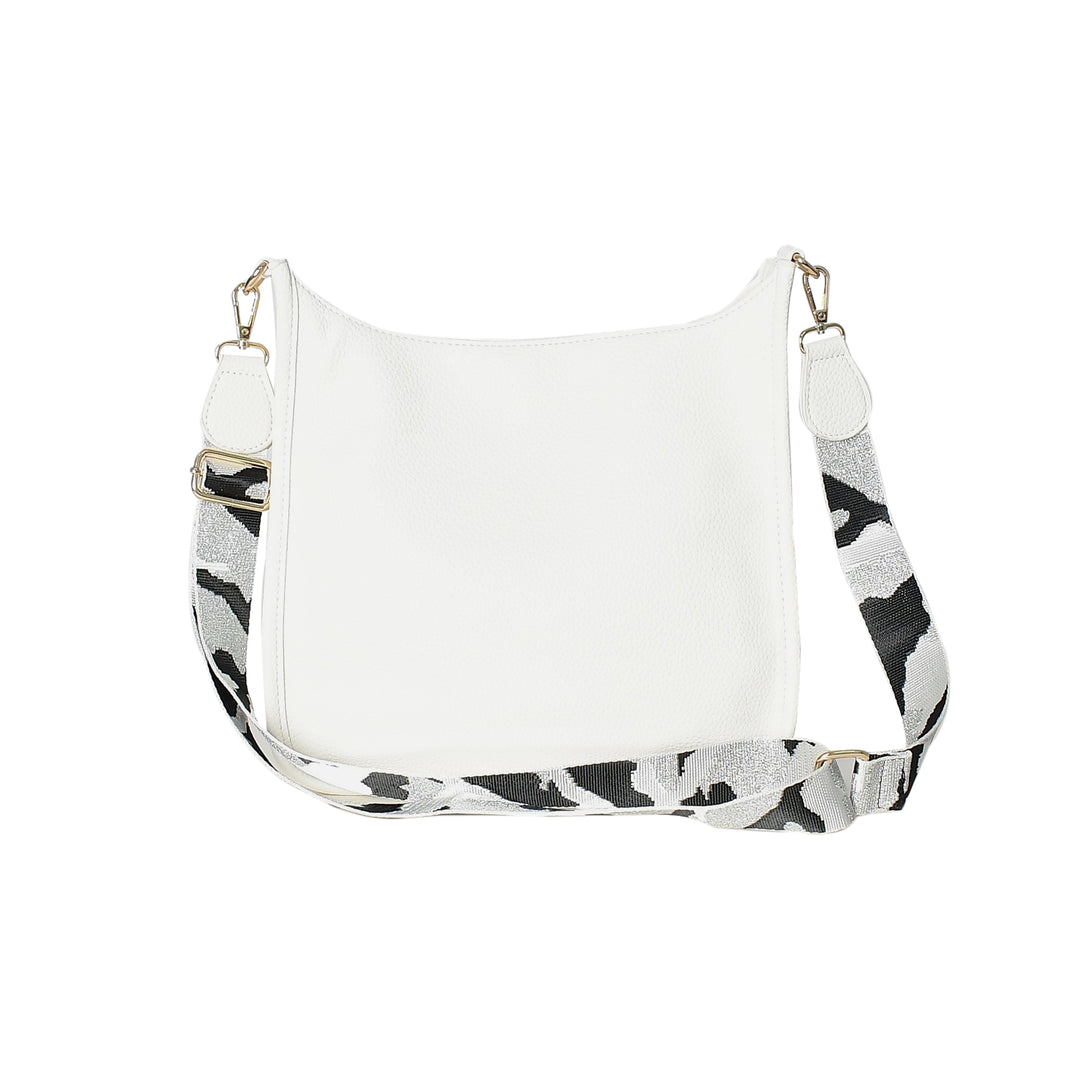 White handbag with a black and white patterned strap on a white background