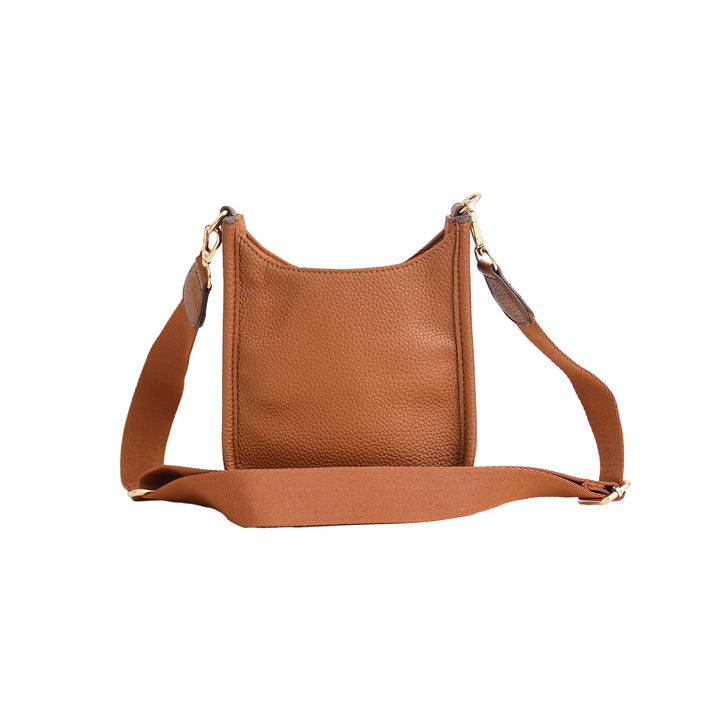 Brown leather handbag with a strap on a white background