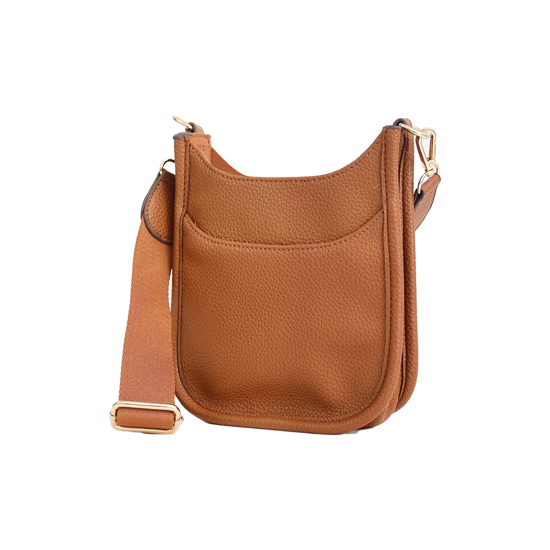 Brown leather crossbody bag on a white background
