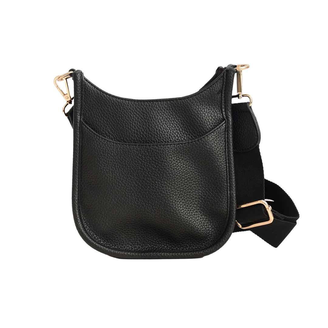Black leather handbag with gold hardware on a white background