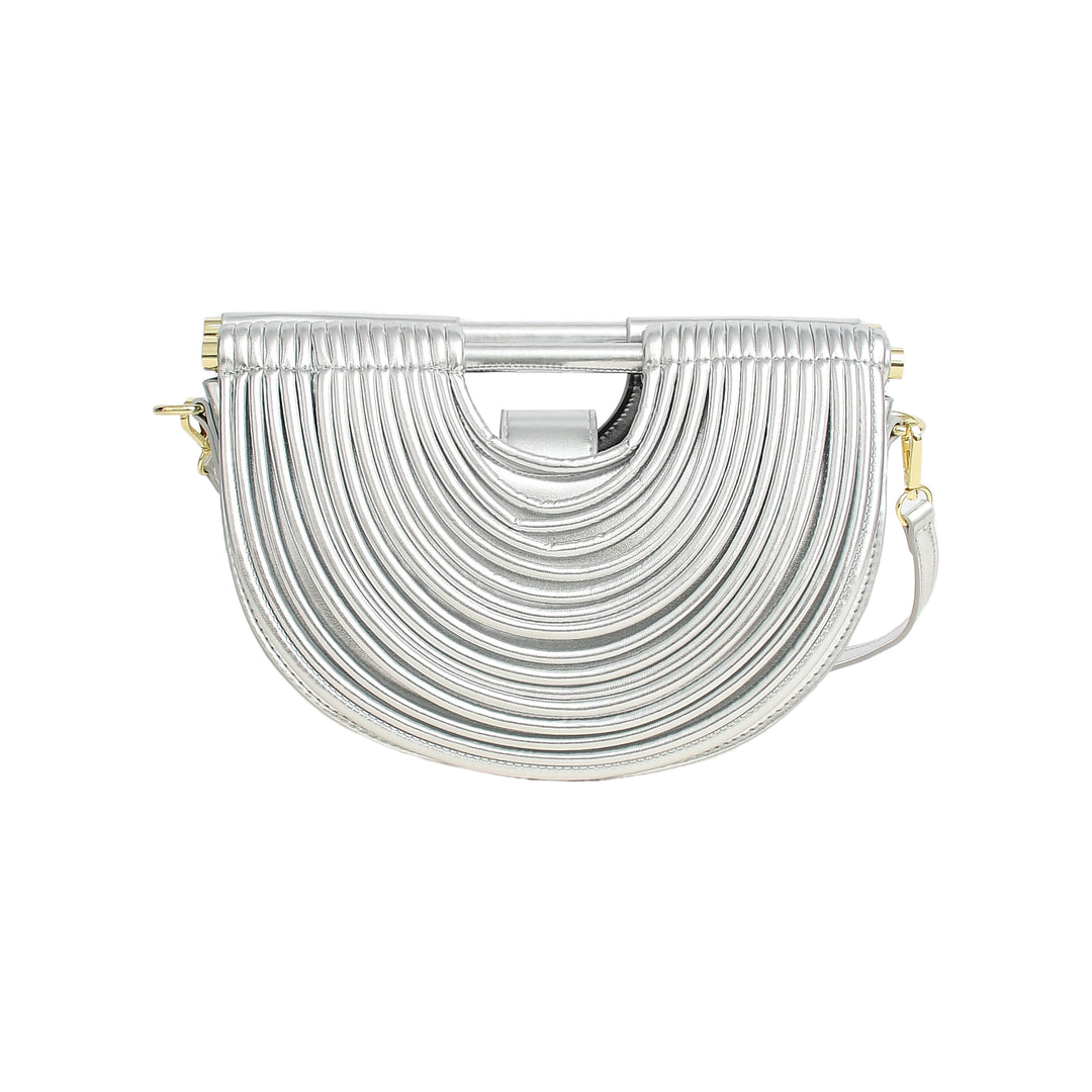 Silver handbag with a unique design on a white background