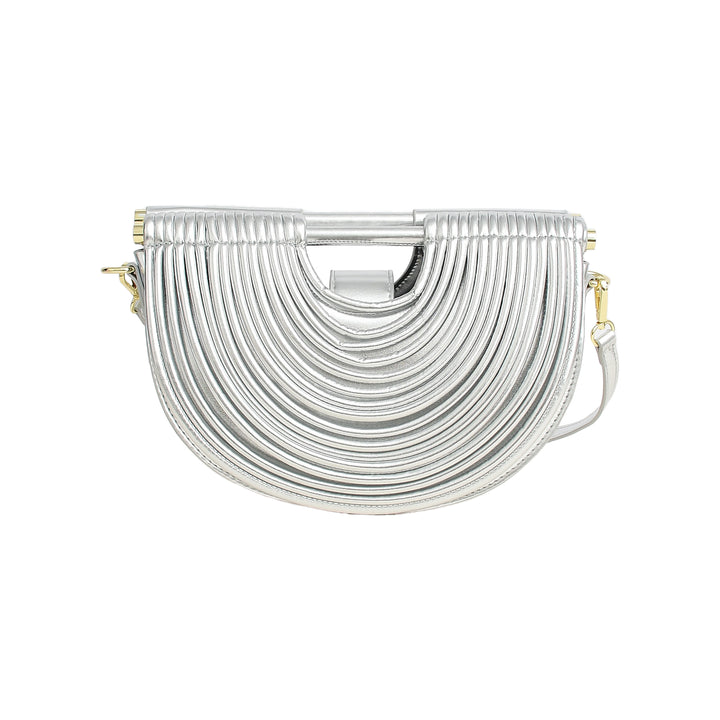 Silver handbag with a unique design on a white background