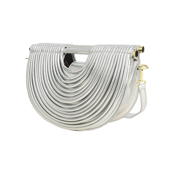 Silver handbag with a unique design on a white background