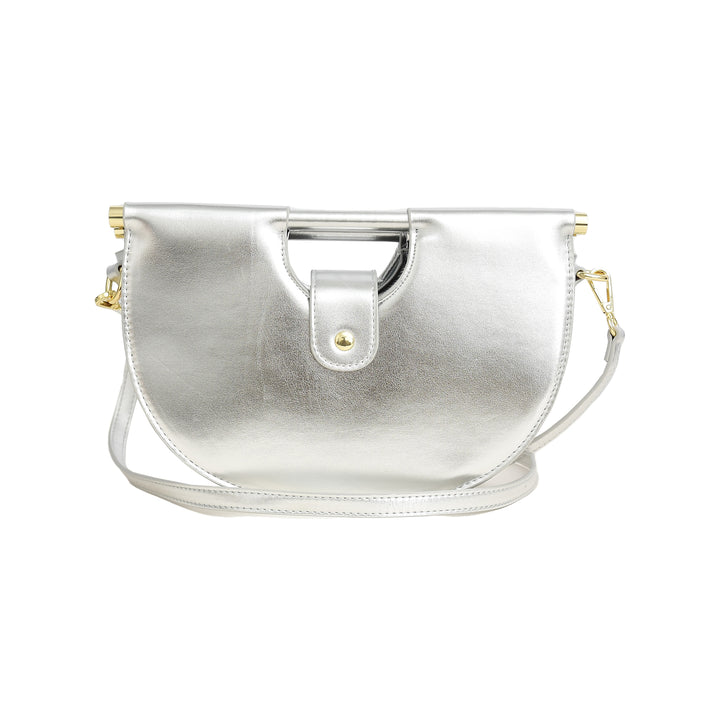 Silver handbag with gold accents on a white background