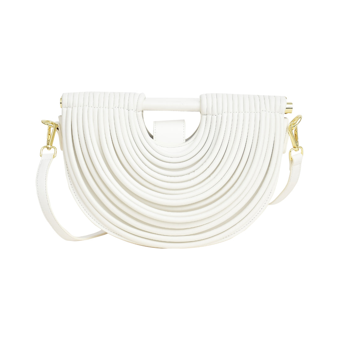 White handbag with gold accents on a white background