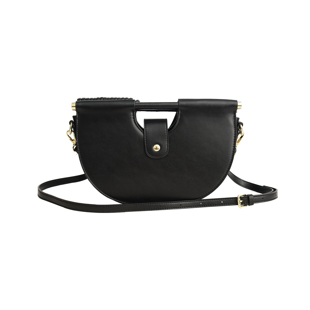 Black handbag with gold accents on a white background