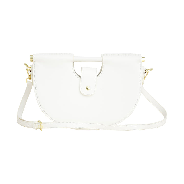 White handbag with gold accents on a white background