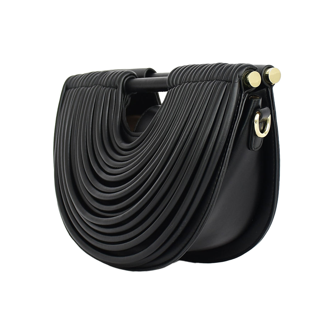 Black pleated handbag with gold accents on a white background