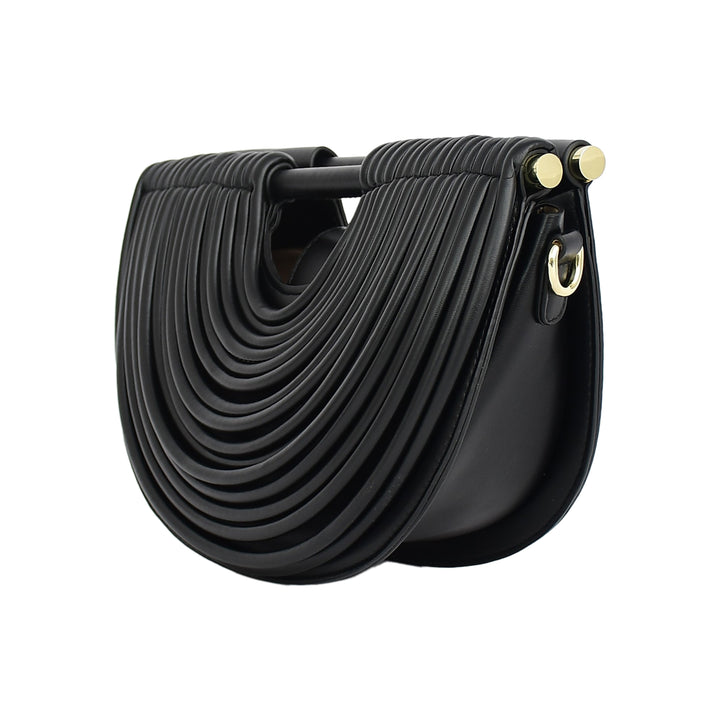 Black pleated handbag with gold accents on a white background