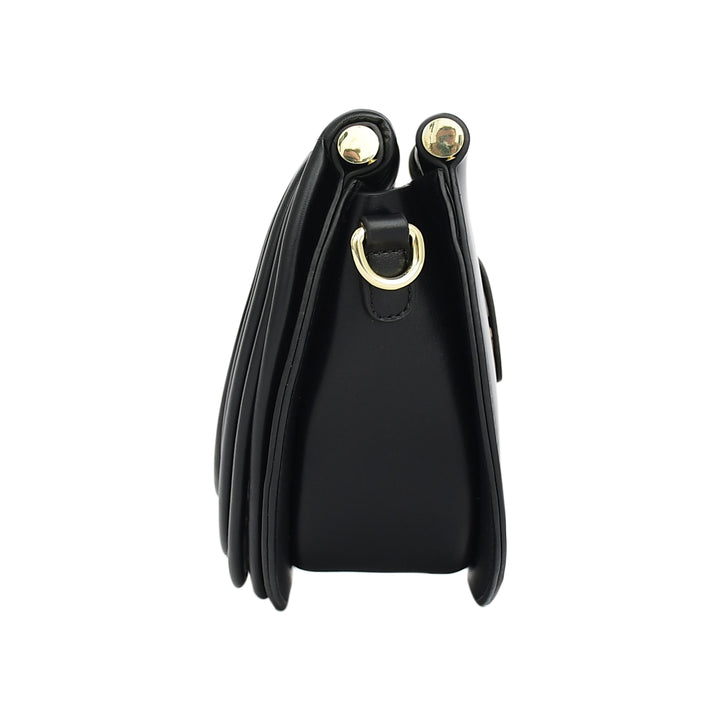 Black handbag with gold accents on a white background