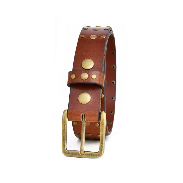 Brown leather belt with brass studs and buckle on a white background