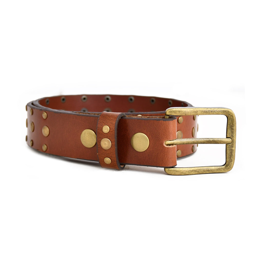 Brown leather belt with brass studs and buckle on a white background