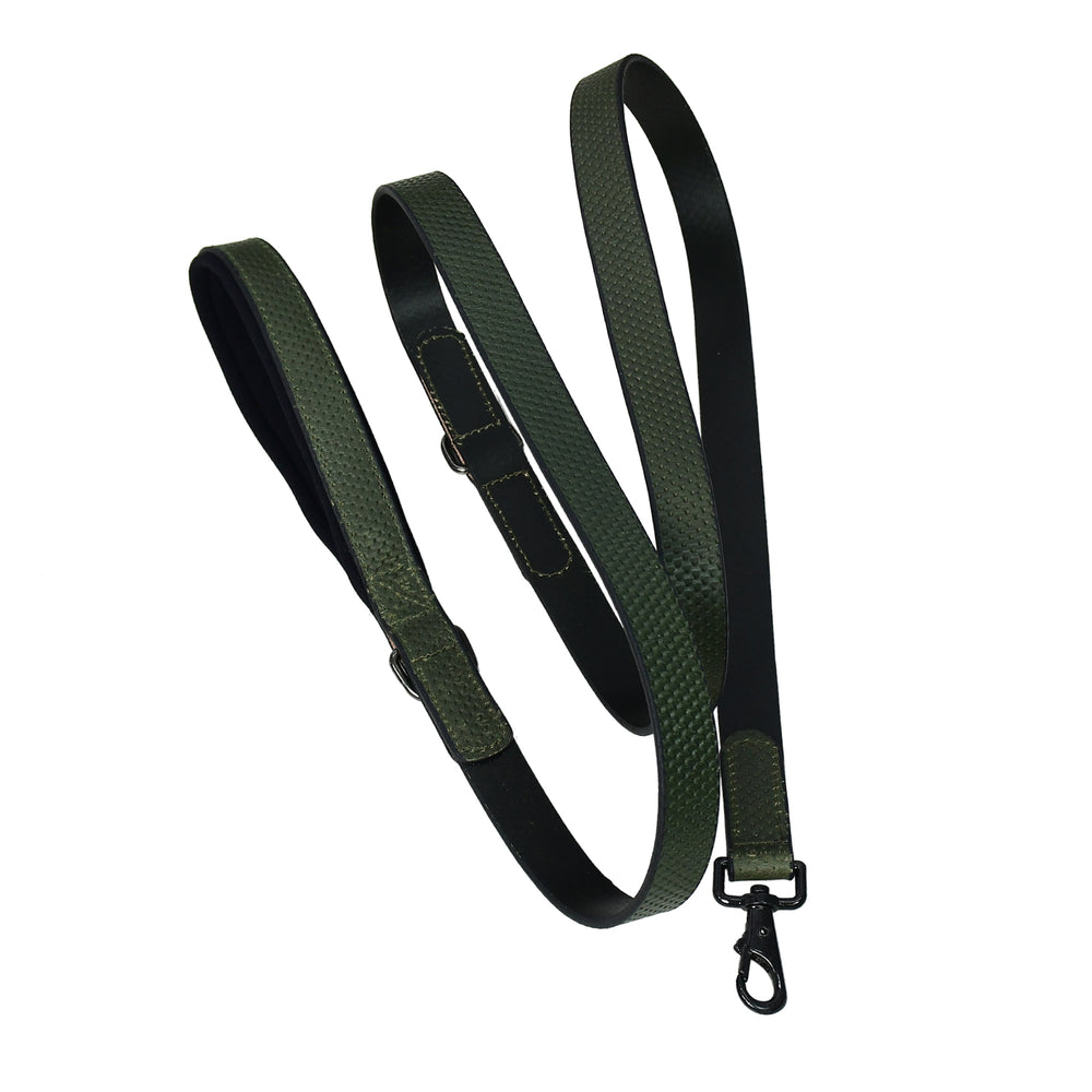 Green and black strap with a clasp on a white background

