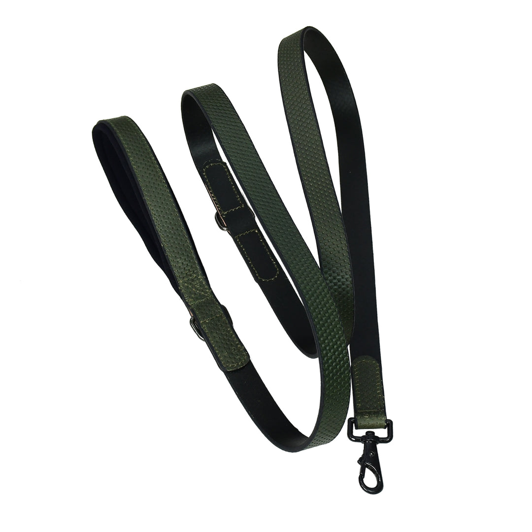 Green and black strap with a clasp on a white background

