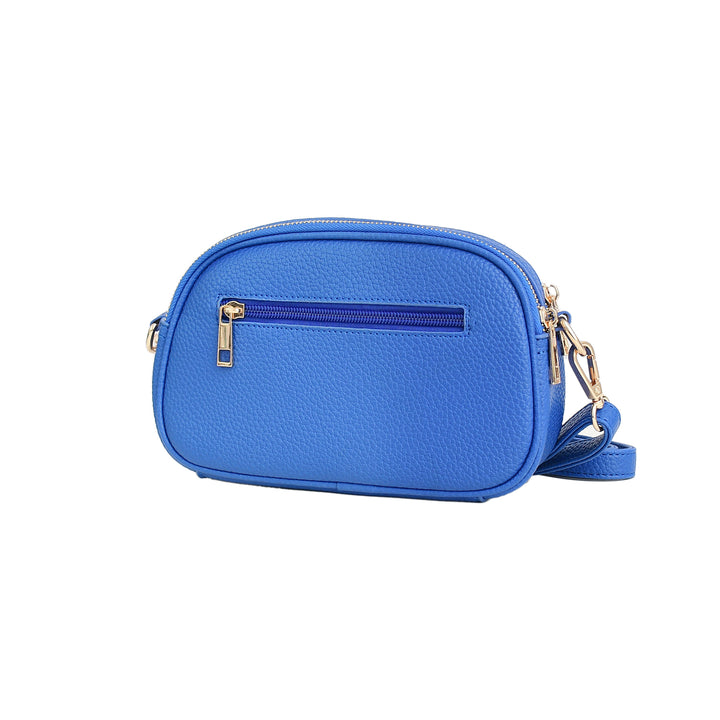 Blue crossbody bag with gold accents on a white background