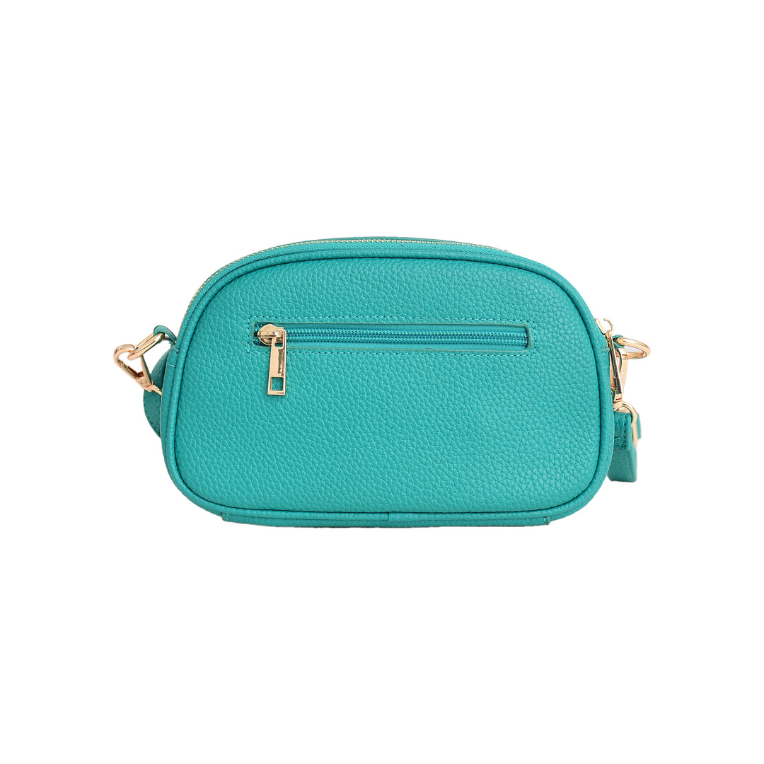 Turquoise handbag with gold accents on a white background