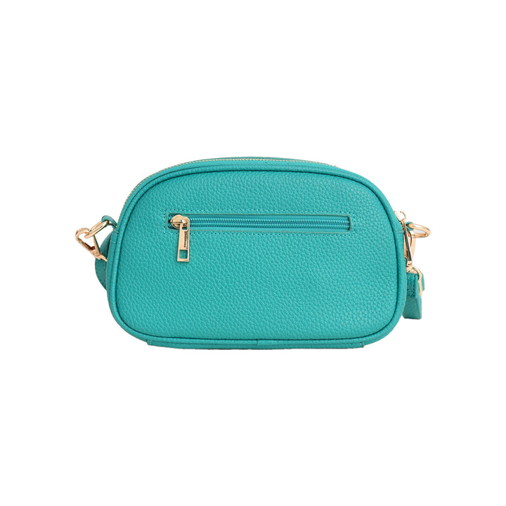 Turquoise handbag with gold accents on a white background