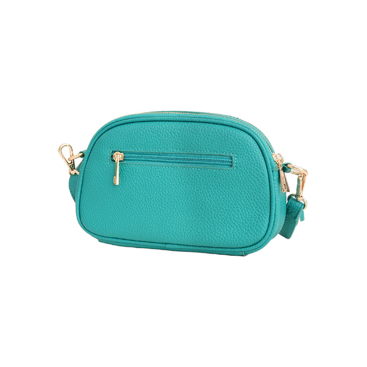 Teal handbag with gold accents on a white background