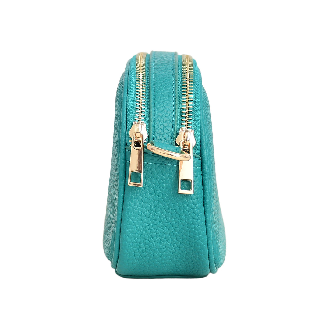 Teal handbag with gold accents on a white background