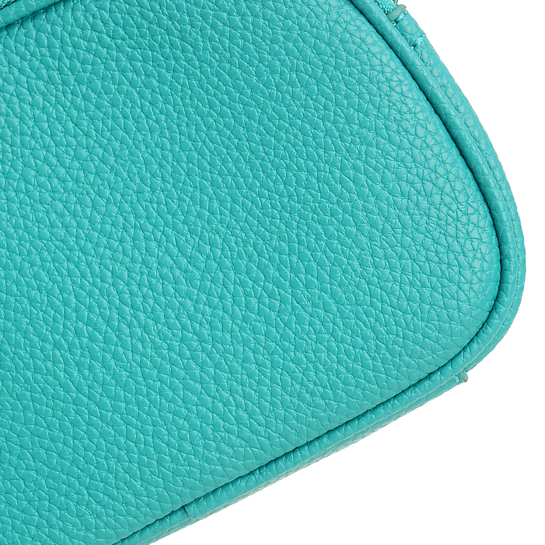 Close-up of a teal leather wallet on a white background

