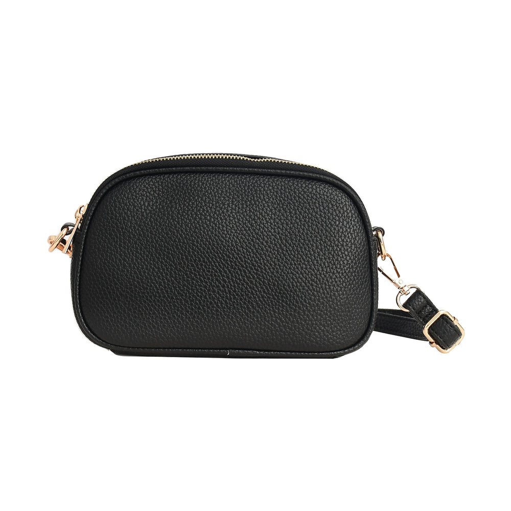Black leather crossbody bag with gold accents on a white background

