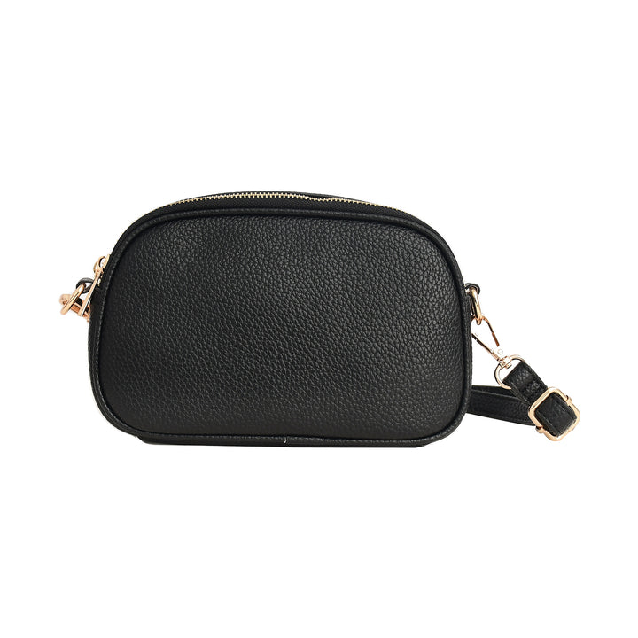 Black leather crossbody bag with gold accents on a white background

