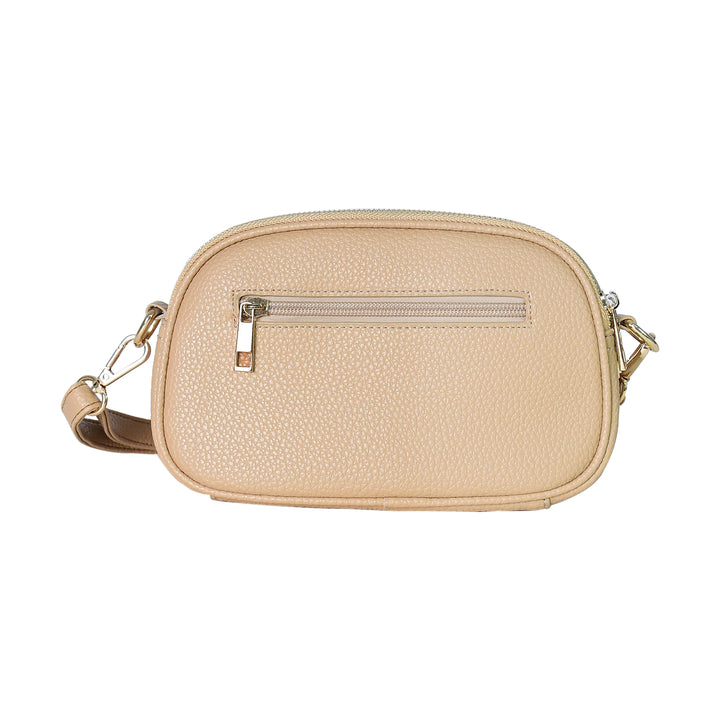 Beige crossbody bag with a zipper on a white background