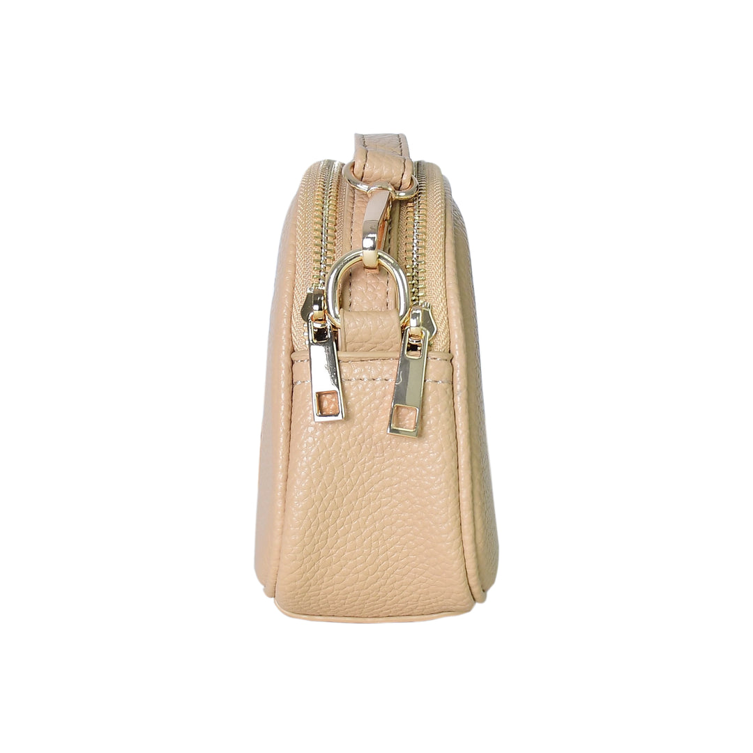 Beige handbag with a gold zipper and clasp on a white background
