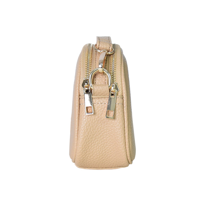 Beige handbag with a gold zipper and clasp on a white background