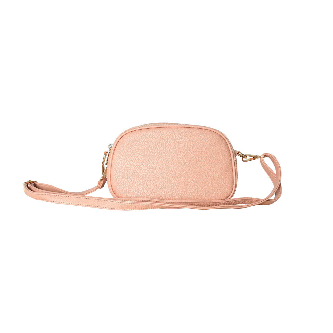 Pink crossbody bag on a white background

