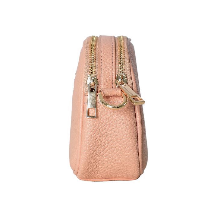 Pink zippered pouch with gold zipper on a white background