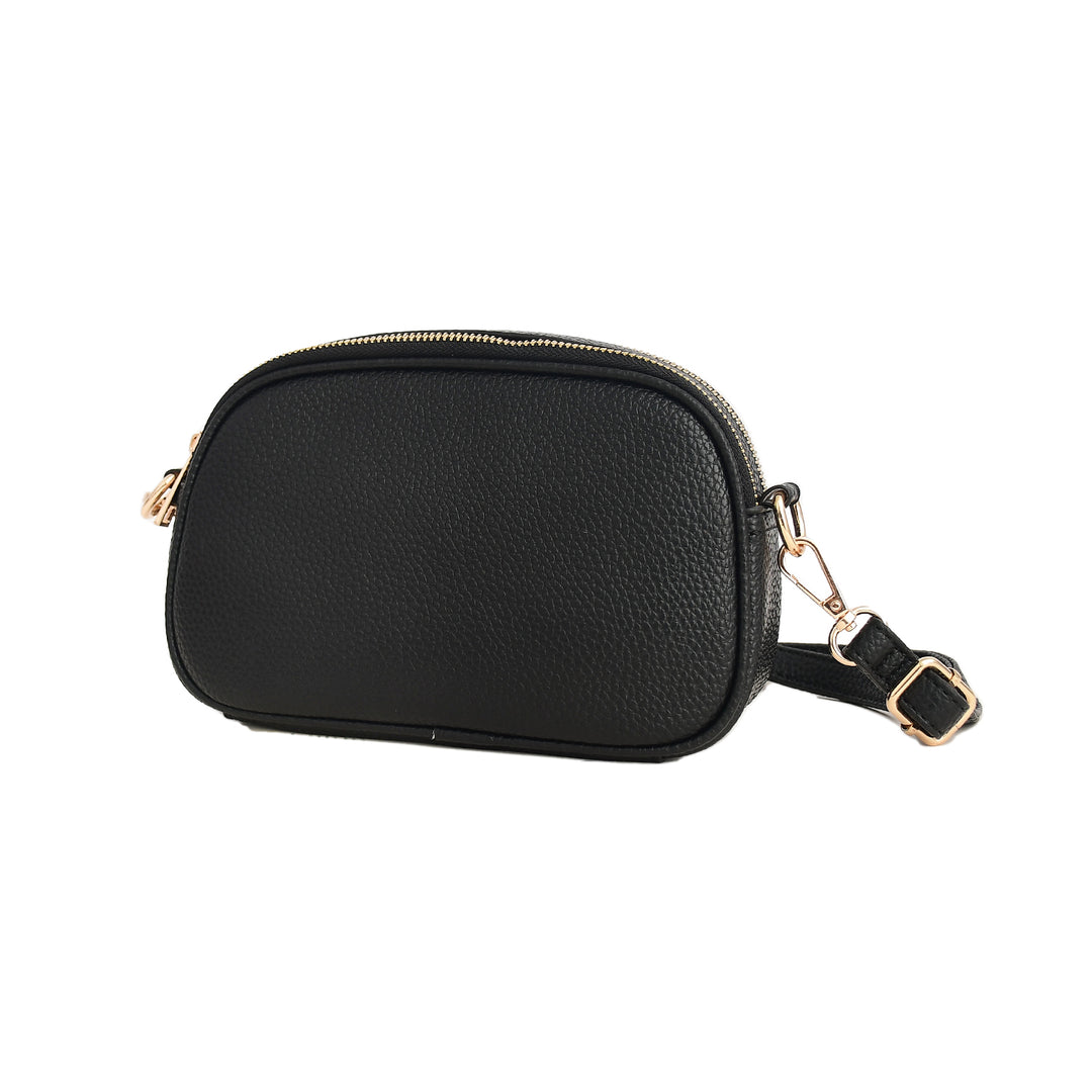 Black leather crossbody bag with gold accents on a white background

