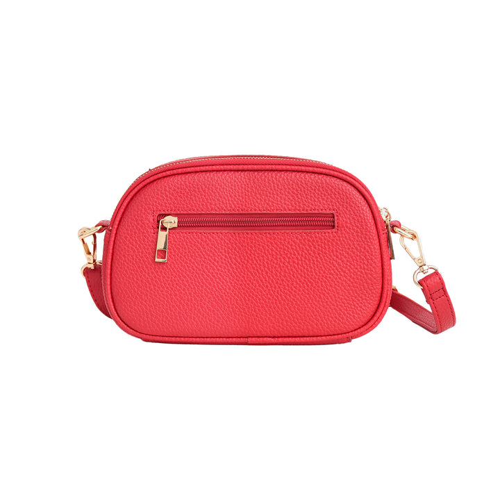 Red crossbody bag with gold zipper on a white background