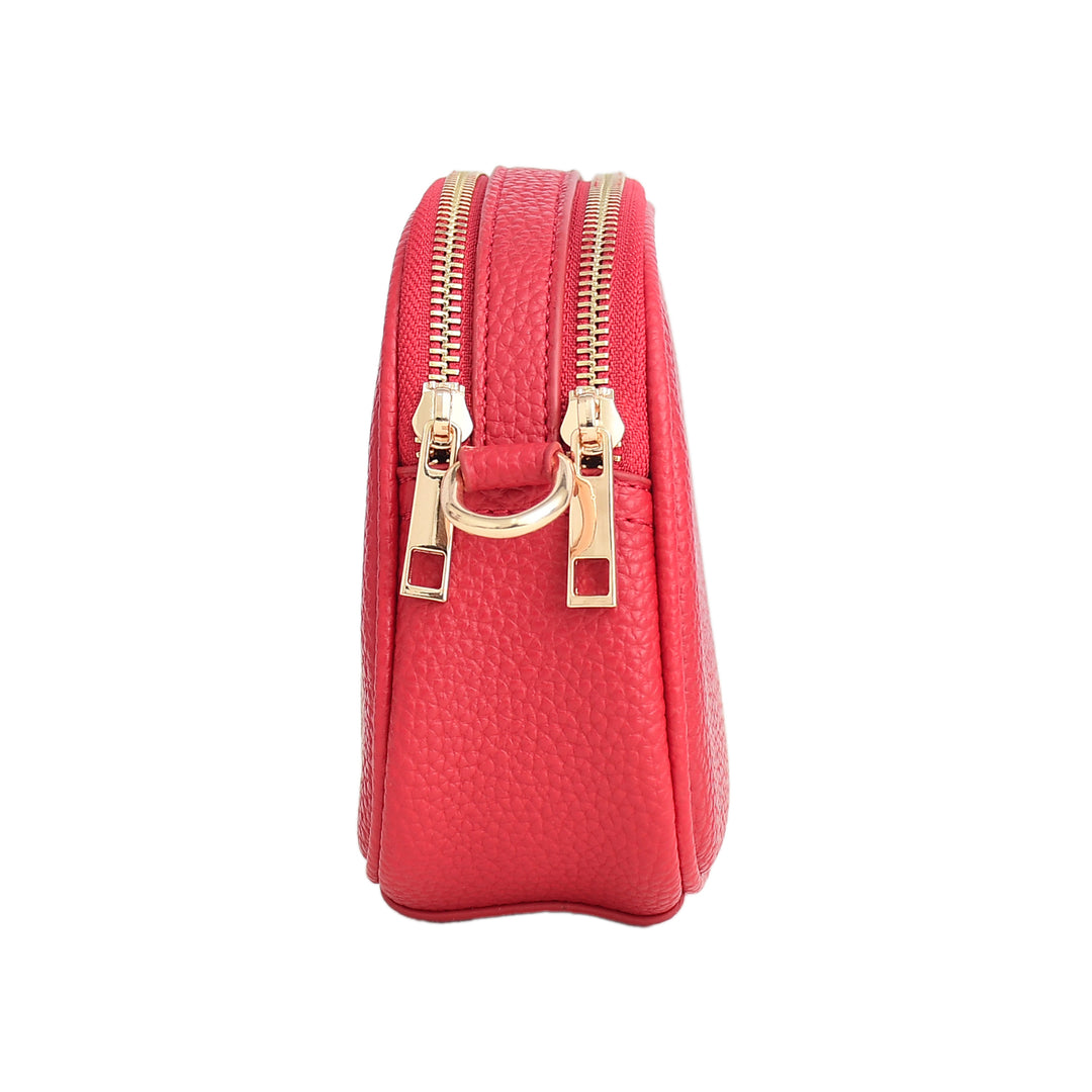 Red handbag with gold zipper on a white background