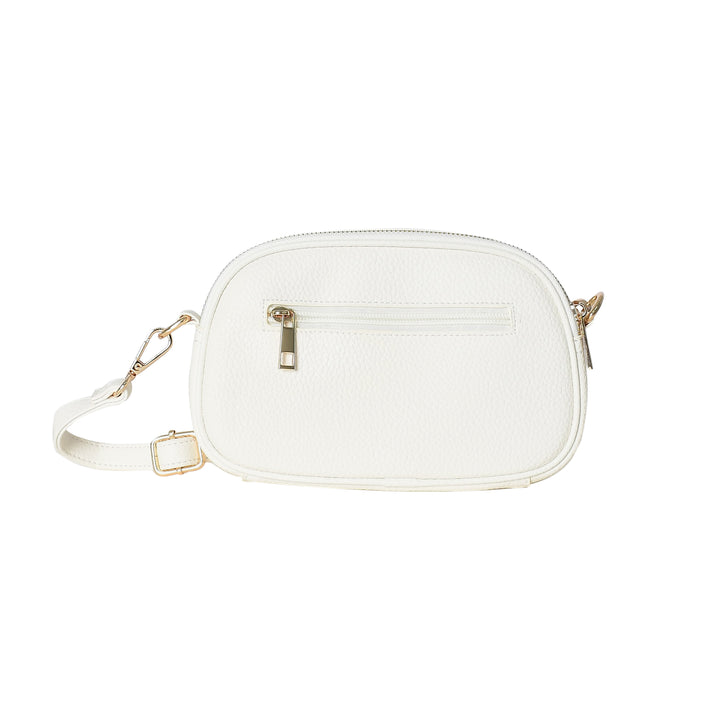 White crossbody bag with gold accents on a white background