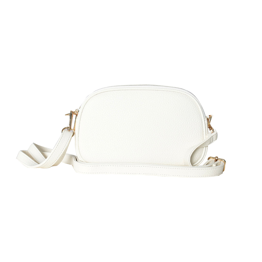 White handbag with gold accents on a white background