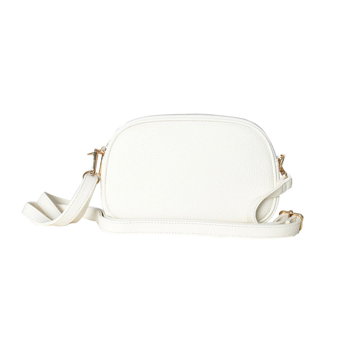 White handbag with gold accents on a white background