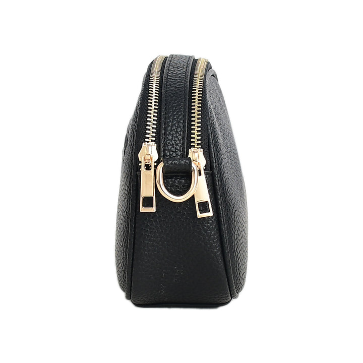 Black leather pouch with gold zipper on a white background