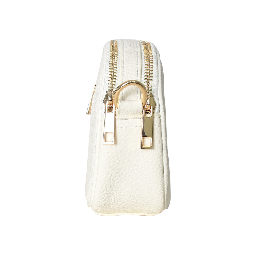 White textured pouch with gold zipper and clasp on a white background