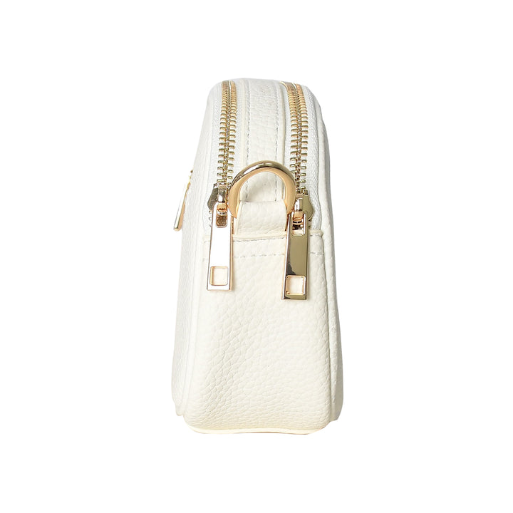 White textured pouch with gold zipper and clasp on a white background